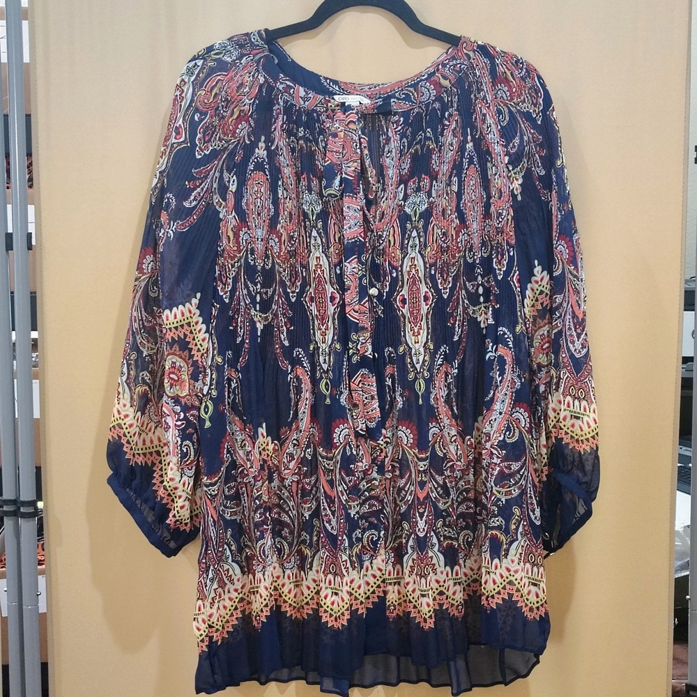Cato Peasant Top Women 18/20 Navy Blue Paisley Pleated Sheer Tie Neck Boho Flowy